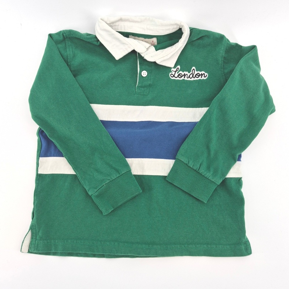 Zara Boys Rugby Polo Shirt Size 5 110 Green Stripe London Embroidered Preppy - Picture 2 of 12